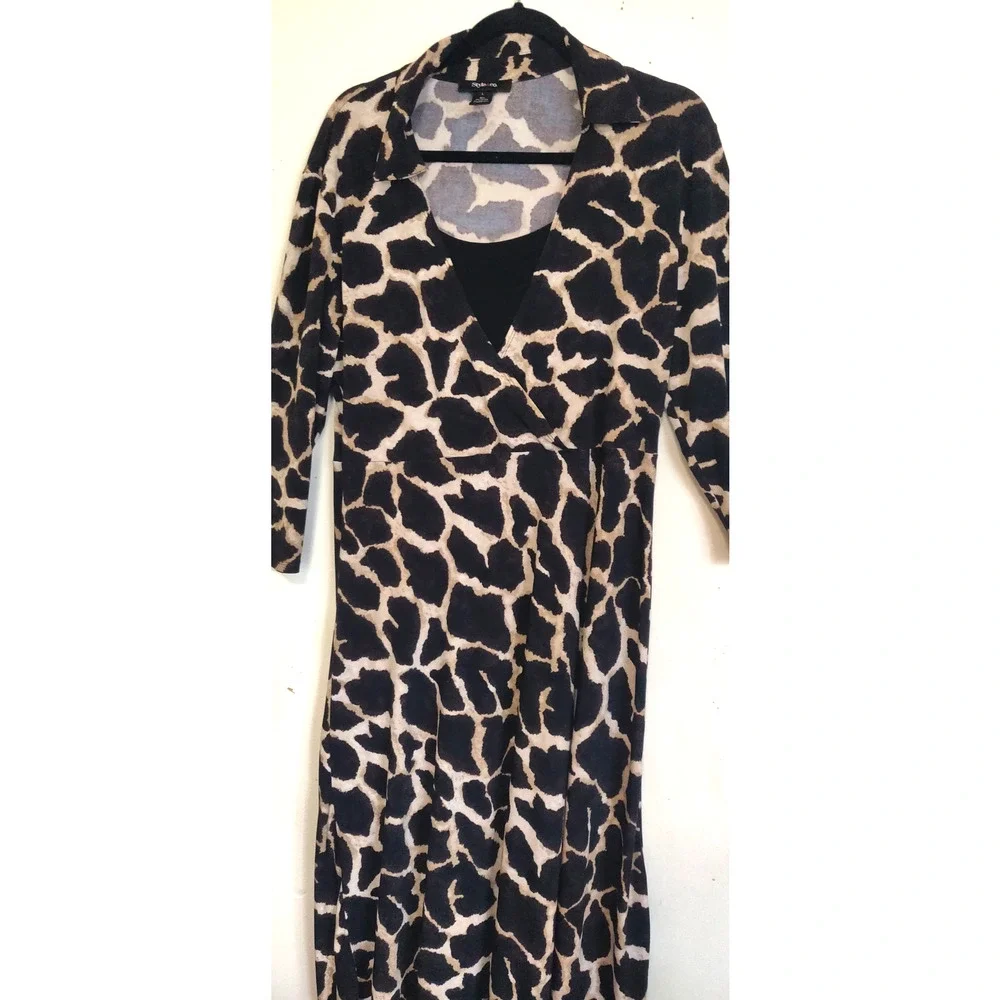 Style & Co Giraffe Print Dress Sz L Safari Pullover Stretchy Unlined Animal